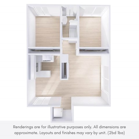 A 3D floor plan of a house with a kitchen, living room, and bathroom.